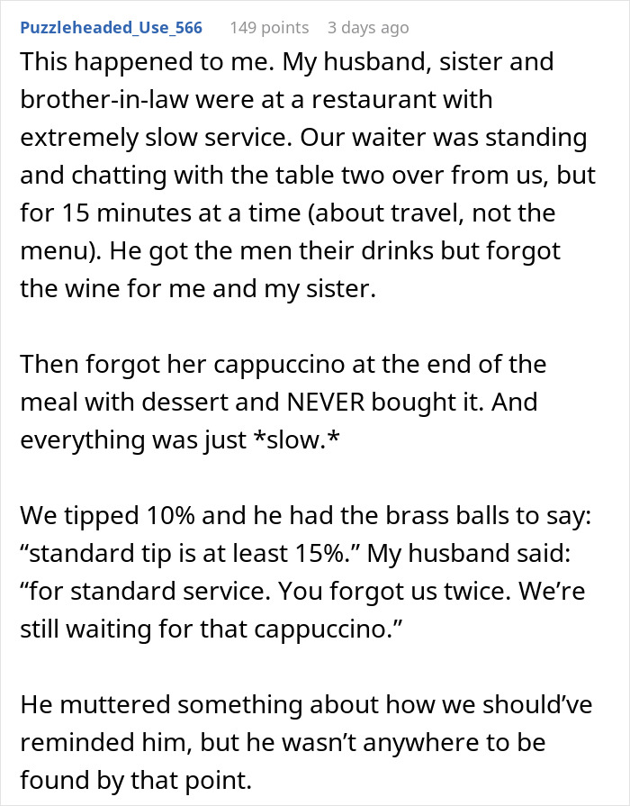 Customer recounts experience of slow restaurant service, tipping 10%, then being banned.