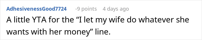 Comment criticizing man for wife's money decisions amidst booming business success.