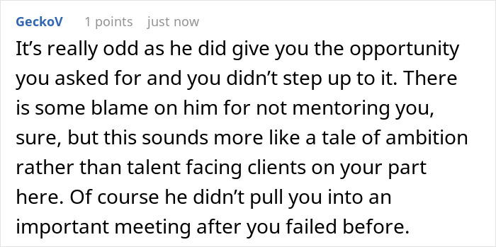 Reddit comment about a boss and employee relationship discussing lack of mentorship and ambition.