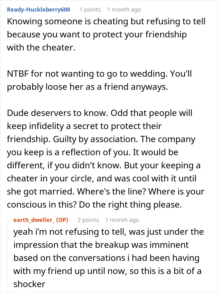 Screenshot of online comments discussing refusing involvement in a wedding after an affair confession.