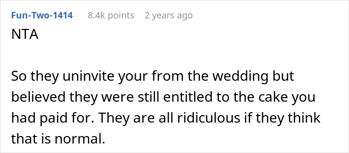 Reddit comment discussing a canceled wedding cake order after uninviting someone.