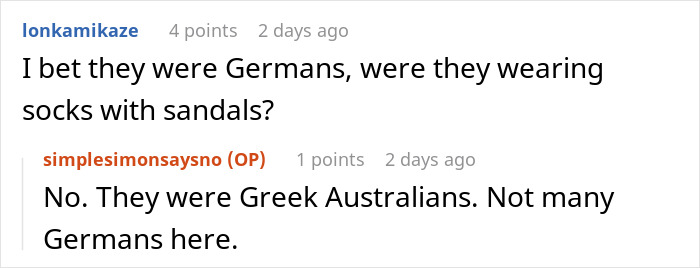 Reddit comments discussing stereotypes about Germans and mentioning Greek Australians at a resort.