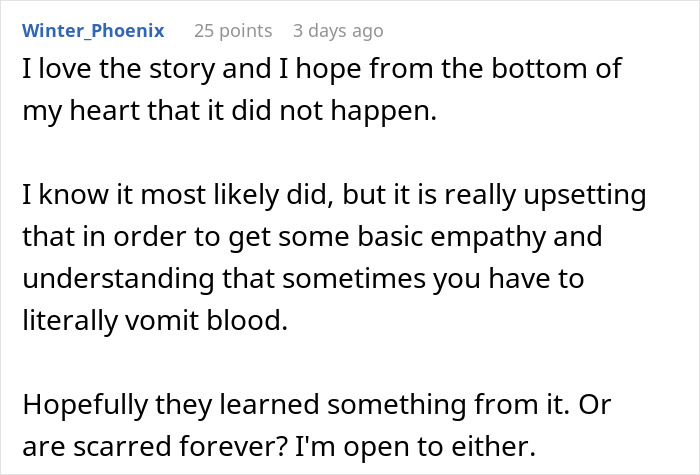 Comment by Winter_Phoenix, discussing a story about someone vomiting blood for empathy during work.