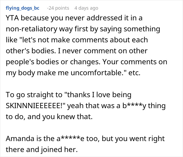 A text post discussing body comments with emphasis on someone's response about loving being skinny.