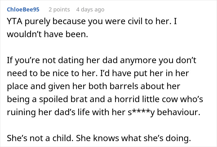 Comment discussing a teen complaining to dad's ex-girlfriend about current girlfriend, mentioning behavior issues.