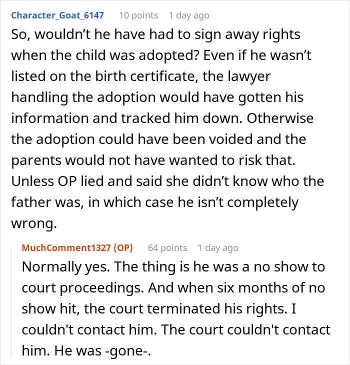 Reddit comments discussing legal aspects of adoption concerning parental rights.