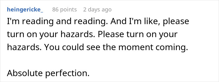 Text comment on black driveway van revenge: "I'm reading and please turn on your hazards. Absolute perfection.