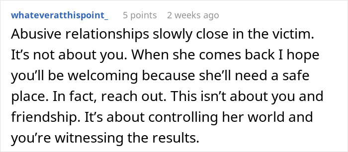 Comment discussing controlling relationships and friendship dynamics.