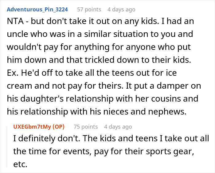 Reddit post discussion about being a deadbeat; user shares a story about family and kids.