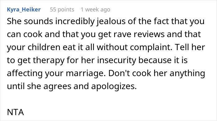 Comment discussing husband-wife cooking drama and relationship advice.