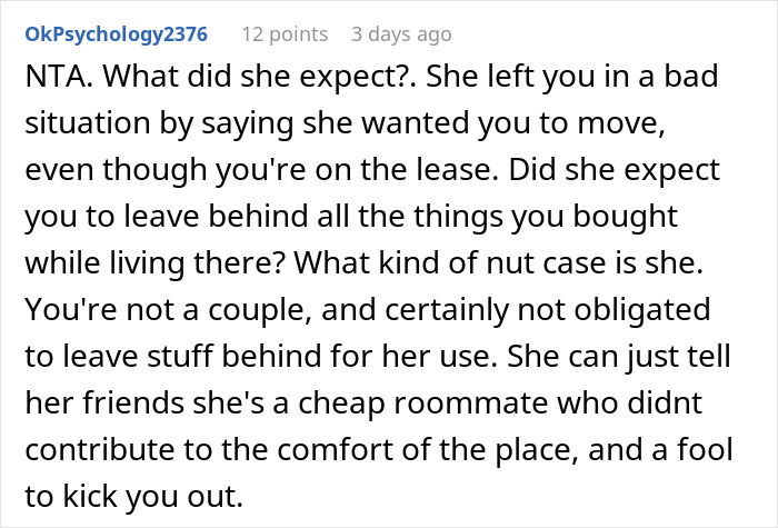 Woman Is Mad After Roommate Takes Everything He Bought Upon Being Kicked Out, Gets A Reality Check