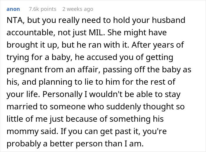 Text response discussing accountability for husband and MIL regarding paternity test issue.