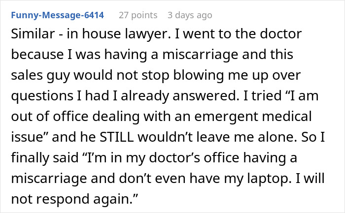 Text exchange where an in-house lawyer embarrasses an entitled coworker by sharing a personal situation involving a doctor's visit.