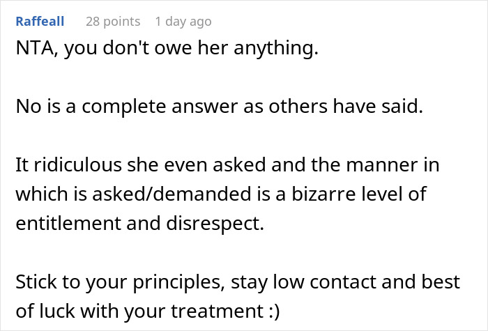 Comment thread discussing entitlement and boundaries in family relationships.