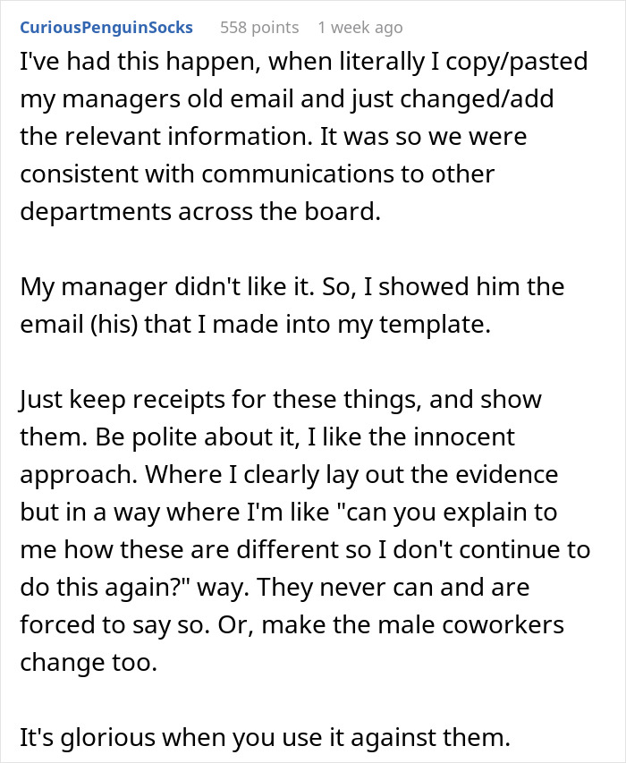 Reddit post about a woman copying men's email style and being called rude and unprofessional.