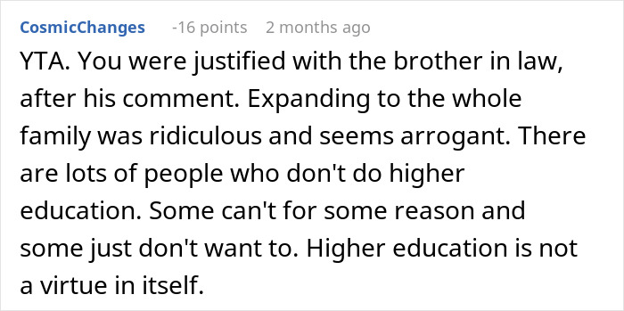 Reddit comment discussing opinions on higher education's value within a family context.