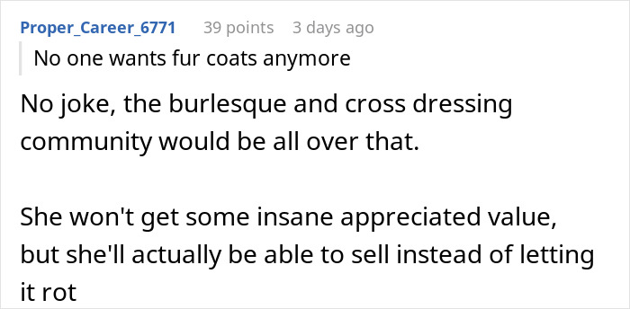 Reddit comment discussing heirlooms and the potential market for fur coats in niche communities.