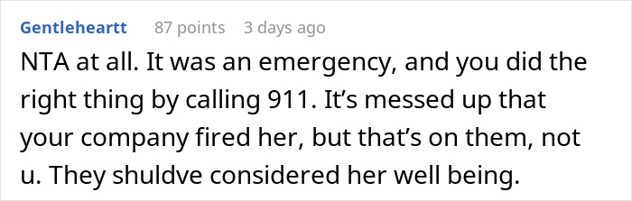 Reddit comment discussing an emergency situation involving calling an ambulance, leading to a coworker's firing.