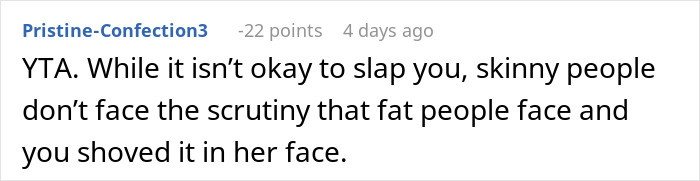 Comment on body image dispute, highlighting scrutiny of plus-size vs skinny people.