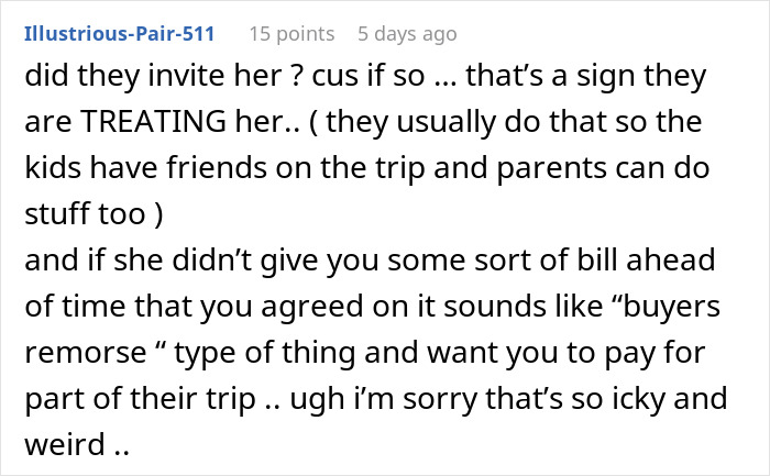 Comment discussing a teen vacationing with a friend's family and handling a surprising bill.