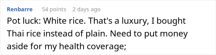 Text post sharing disappointment at a company potluck, featuring comments on luxury and health coverage.