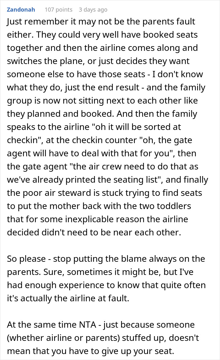 A Reddit comment discussing seat arrangements on planes, focusing on refusing aisle seats for families.