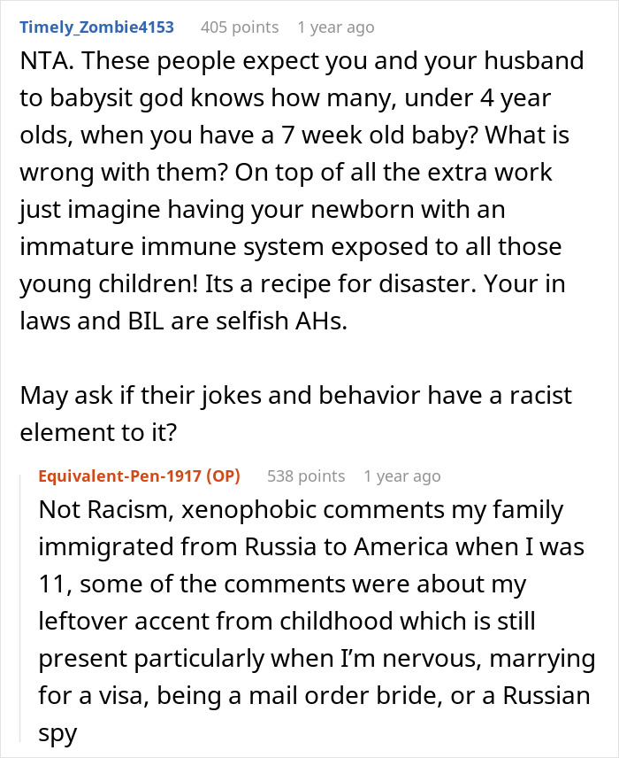 Reddit comments about family pressuring woman to babysit at brother-in-law's wedding.