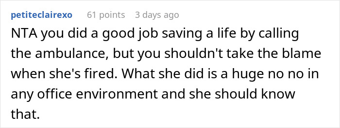 Online comment discussing ambulance call and coworker being fired.