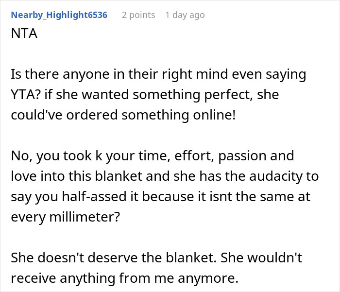 Reddit comment discussing demands for perfection on a handmade gift.