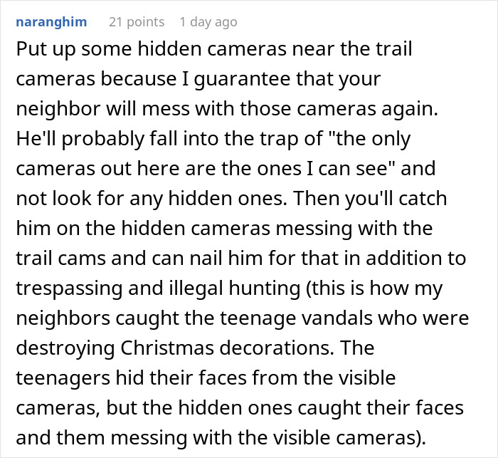 Text discussing entitled neighbor's actions regarding hidden cameras on private land for deer hunting.