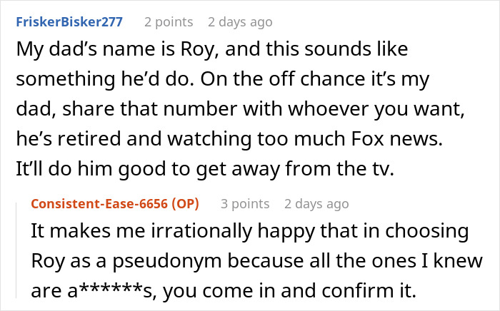 Reddit comments discussing spam calls and a humorous exchange about naming someone Roy.