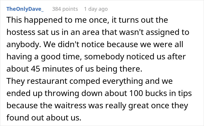 Image of a text comment describing a situation where staff forgot about customers, leading to a generous tip.