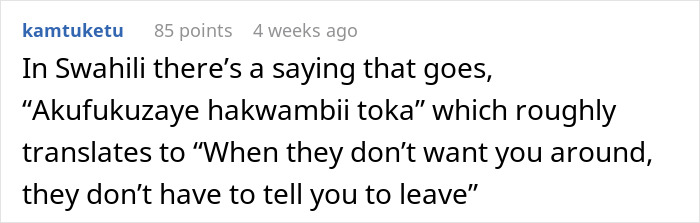 Swahili saying about unspoken departure.