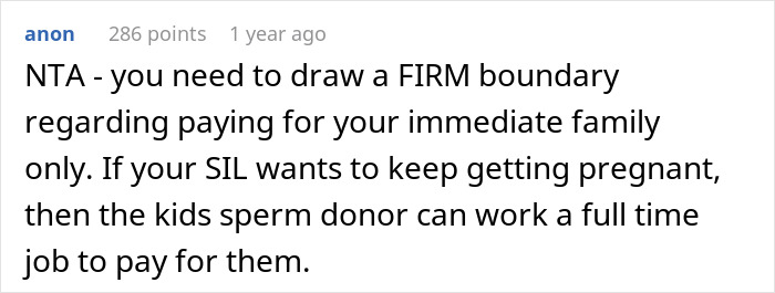 Reddit comment discussing boundaries over hospital expenses related to childbirth.