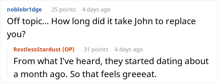 Reddit exchange about John dating after a month, with RestlessStardust replying sarcastically.