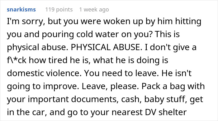 Reddit comment advising a new mom on physical abuse after an incident involving cold water.