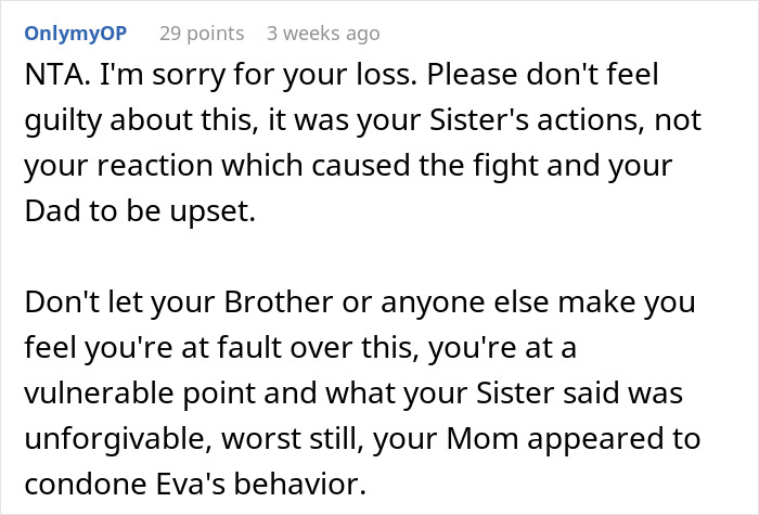 Text discussing a pregnant woman's insensitive comment causing emotional distress to her sister after her miscarriage.