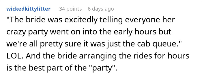 Reddit comment discussing a bride arranging a taxi for wedding guests and some leaving early.