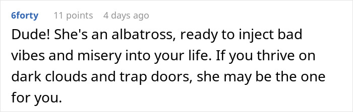 Reddit comment discussing a wife’s affair, calling her an "albatross" for bringing negativity.