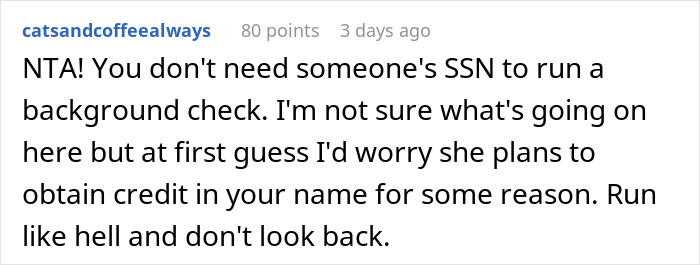 Reddit comment on not needing a boyfriend's social security number for a background check.