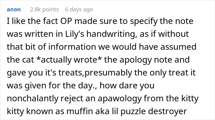 Text comment humorously discussing a cat's "apology" after destroying a puzzle, mentioning treats and a note in Lily's handwriting.