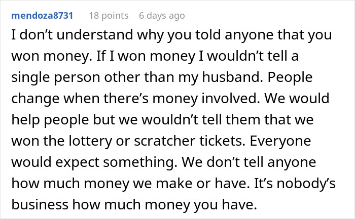 Text from a user expressing views on secrecy regarding winning lottery money.