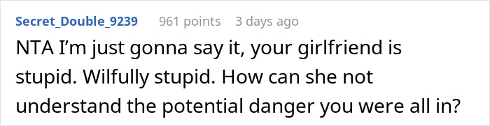 Comment referencing a guy defending his decision to threaten intruders, criticizing a girlfriend's lack of understanding.