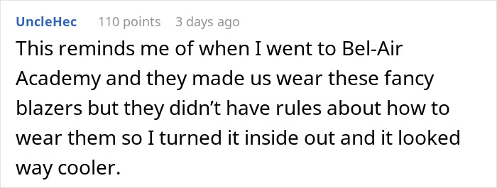 Commenter shares a school dress code loophole story, reflecting on creative blazer-wearing at Bel-Air Academy.