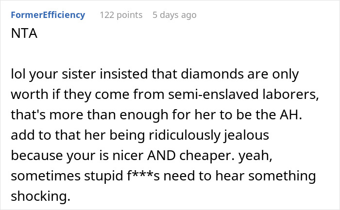 Screenshot of a Reddit comment discussing a situation where someone's sister made controversial claims about diamonds.