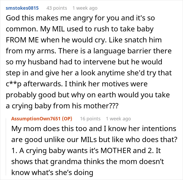 Reddit comments discussing MIL taking a crying baby from its mother, highlighting family drama.