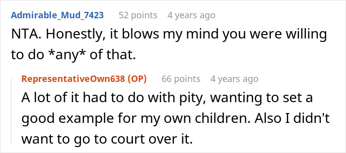 Reddit users discussing husband’s affair child fund and moral decisions.