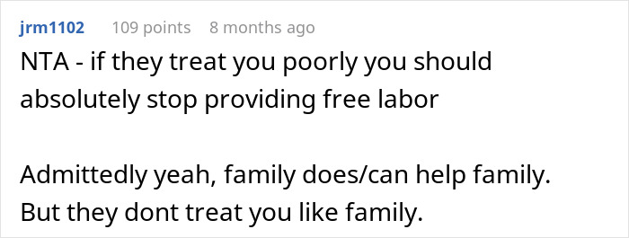 Screenshot of a comment discussing family attitude and stopping free labor.