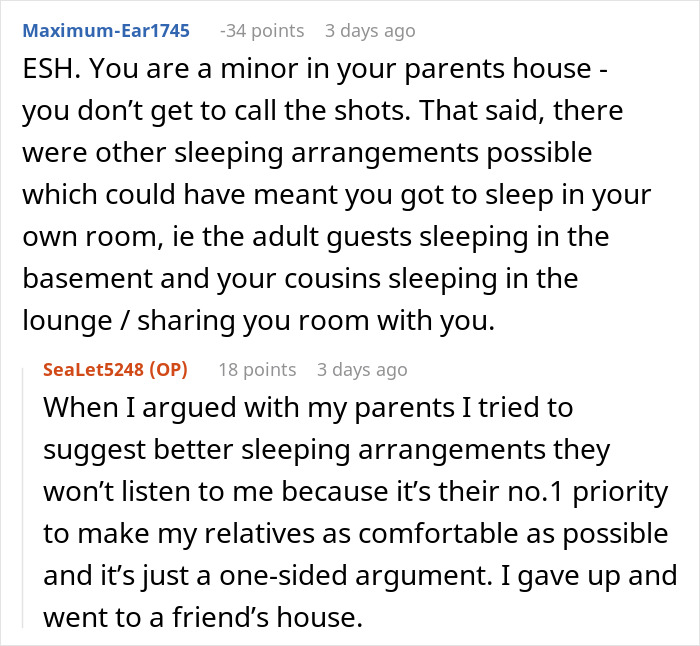 Discussion on 16-year-old refusing parents' request to sleep in cold basement for relatives' comfort in his room.