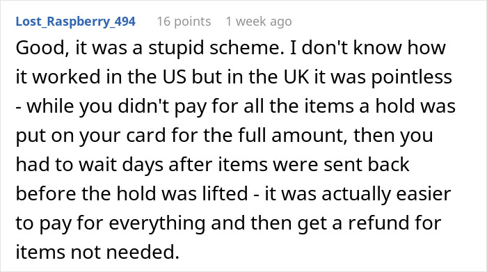 User comment criticizing Amazon’s “Try Before You Buy” service, discussing refund and payment issues.